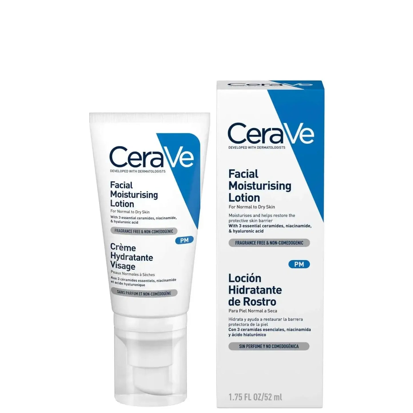 CeraVe PM Facial Moisturising Lotion in 52ml packaging for normal to dry skin, featuring hydrating ceramides.