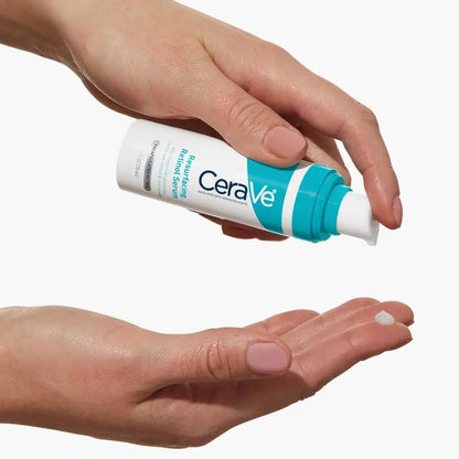 CeraVe Resurfacing Retinol Serum being dispensed onto a hand for blemish-prone skin treatment.