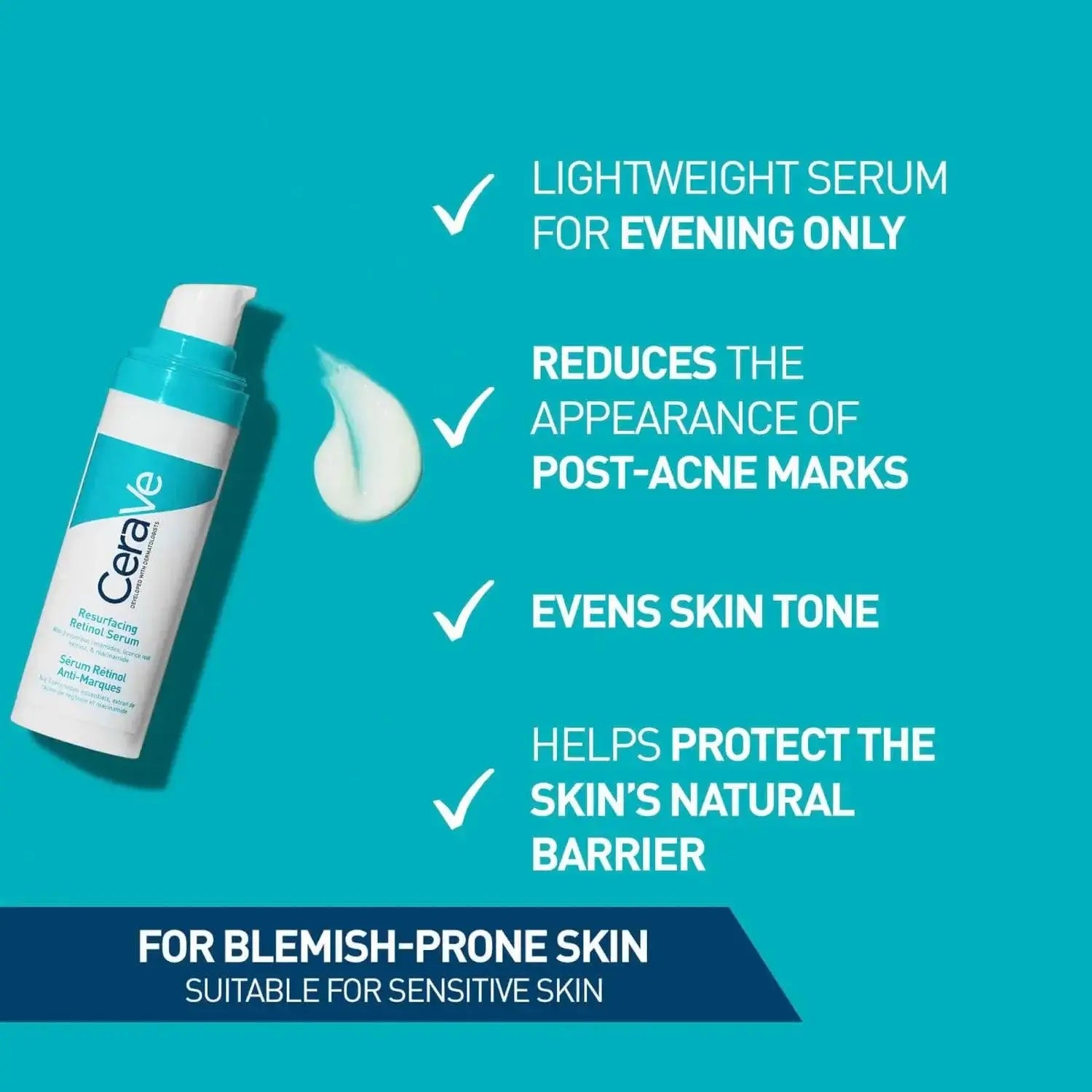 CeraVe Resurfacing Retinol Serum for blemish-prone skin, reducing post-acne marks and evening skin tone.