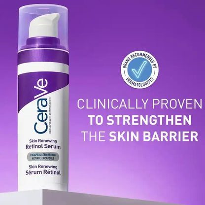 CeraVe Skin Renewing Retinol Serum 30ml on purple podium with brand recommended by dermatologists badge and text clinically proven to strengthen the skin barrier