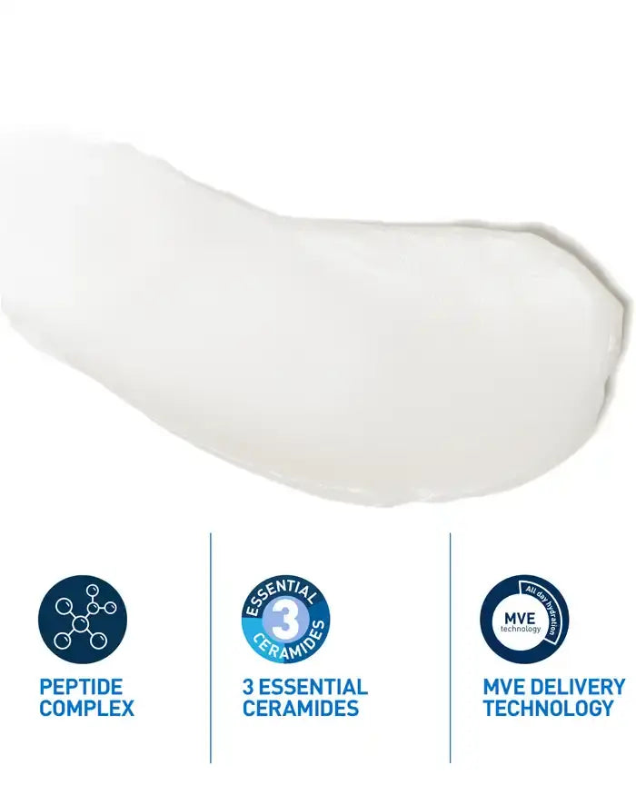 CeraVe Skin Renewing Retinol Serum texture swatch with key ingredients: Peptide Complex, 3 Essential Ceramides and MVE Delivery Technology
