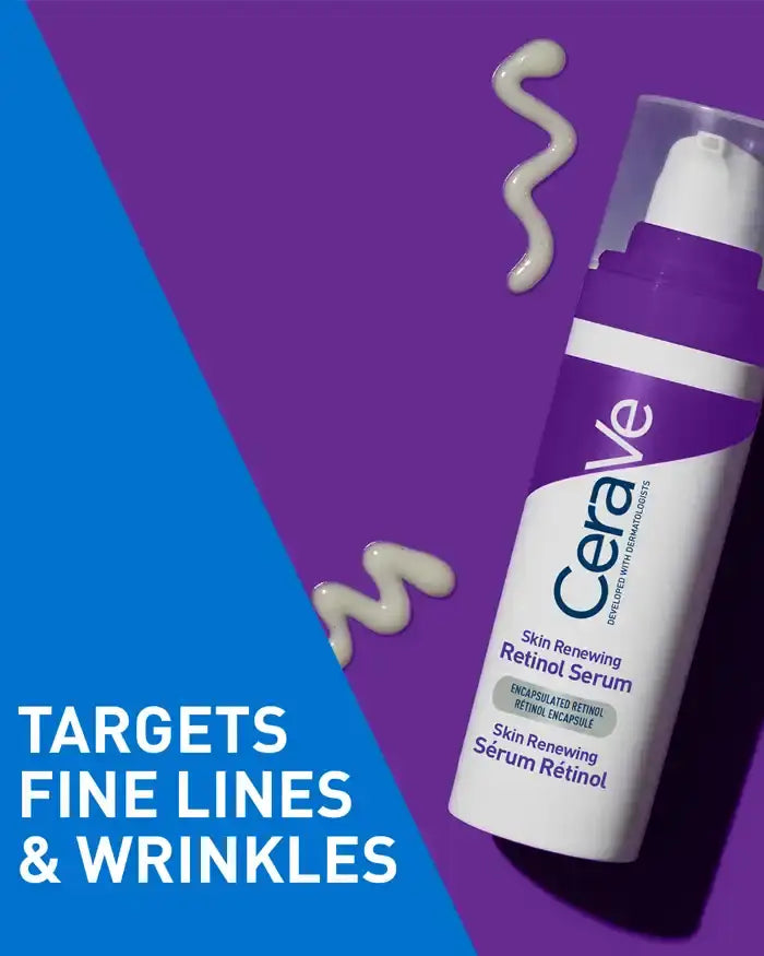 CeraVe Skin Renewing Retinol Serum 30ml bottle with serum texture swatches on blue and purple background with text targets fine lines and wrinkles
