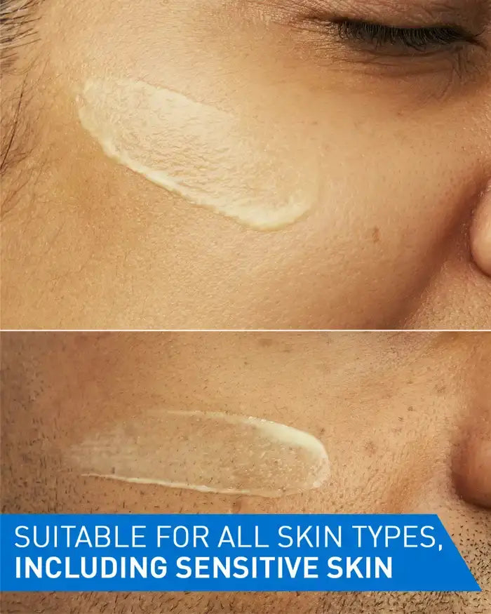 Close-up of CeraVe Retinol Serum being applied to face in two swatches with text suitable for all skin types including sensitive skin