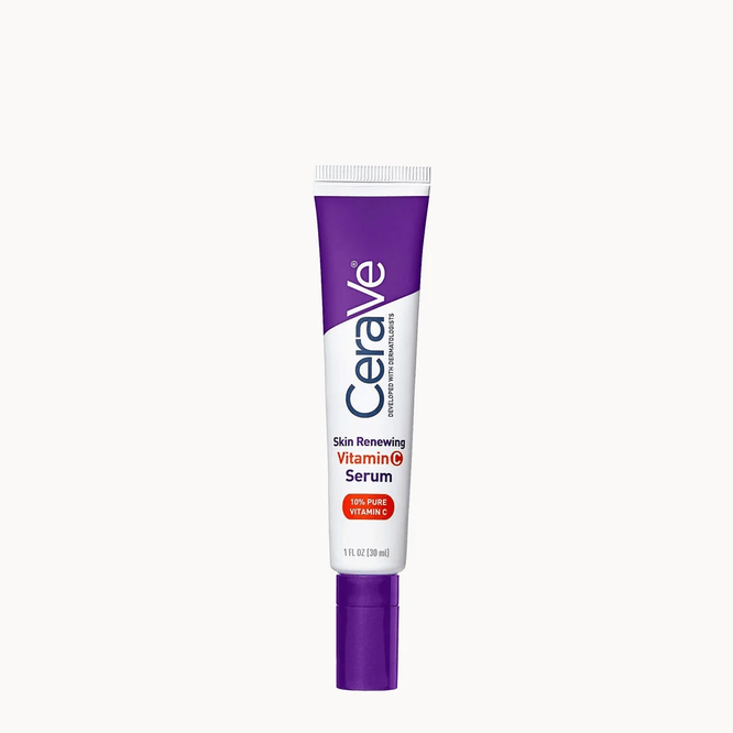 CeraVe Skin Renewing Vitamin B3 Serum in a squeeze tube with a purple cap, shown on a light gray background.