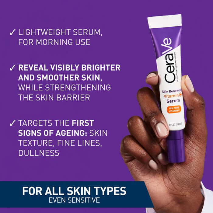 CeraVe skin serum tube held by a hand with promotional text on a purple background