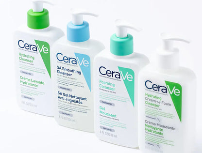 Four CeraVe cleanser bottles on a white background