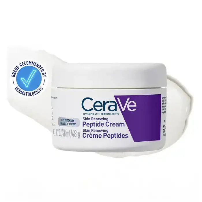 CeraVe Skin Renewing Peptide Cream 50ml jar with cream texture swatch and brand recommended by dermatologists badge on white background