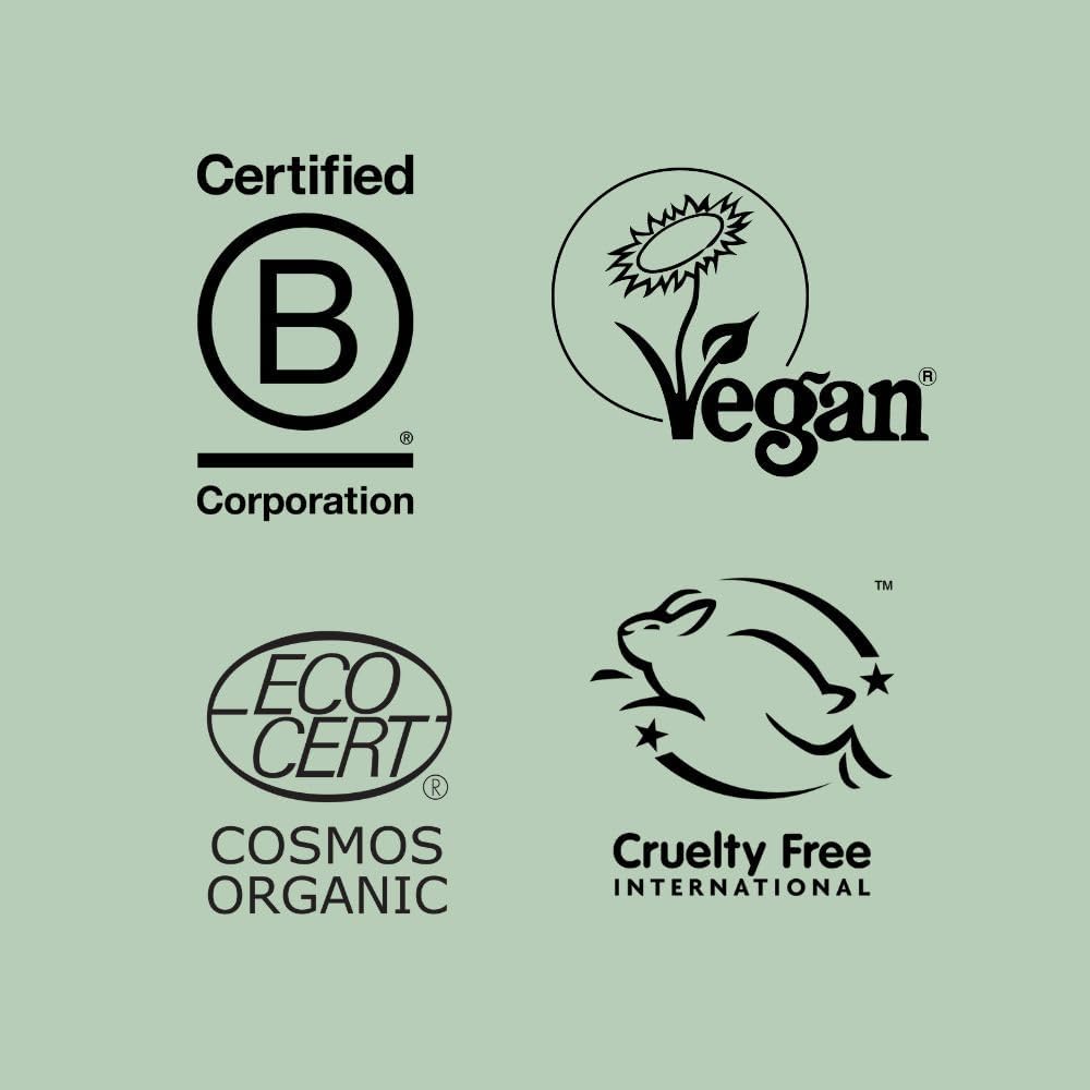 Evolve Set of certification logos including Certified B Corporation, Vegan, EcoCert, Cosmos Organic, and Cruelty Free International on a light green background.