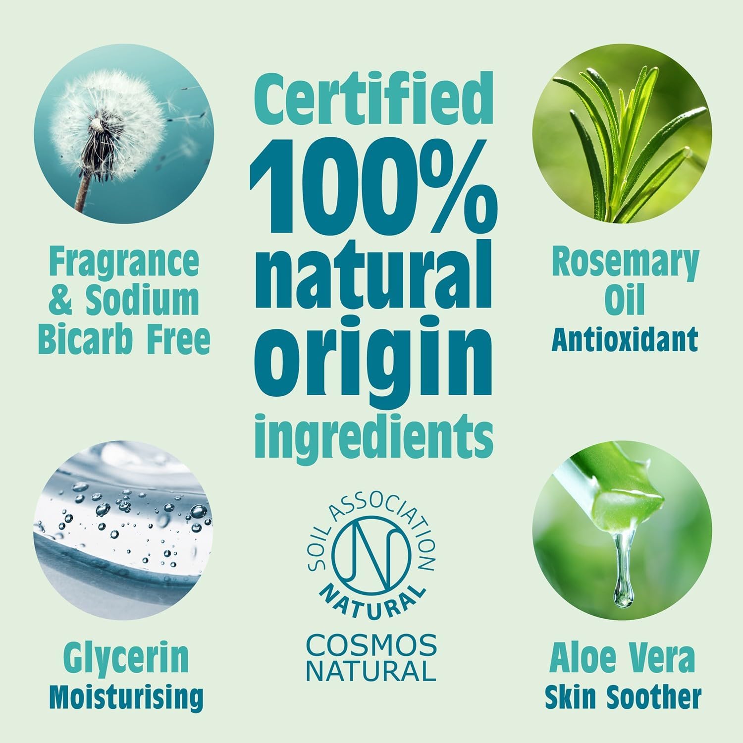 Salt of the Earth Certified 100% natural origin ingredients with icons and text on a light green background