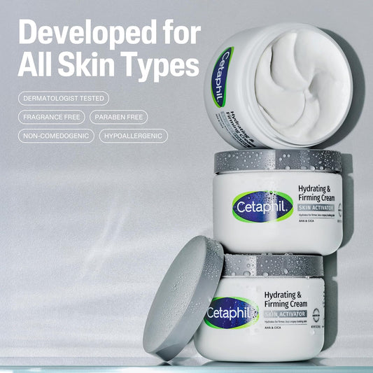 Cetaphil hydrating and firming cream with text indicating it's developed for all skin types.