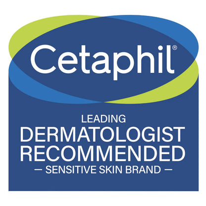 Cetaphil logo with text 'Leading Dermatologist Recommended, Sensitive Skin Brand' on a blue background