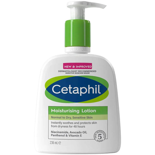 Cetaphil Moisturising Lotion bottle for sensitive skin with avocado oil and vitamin E, providing long-lasting hydration.