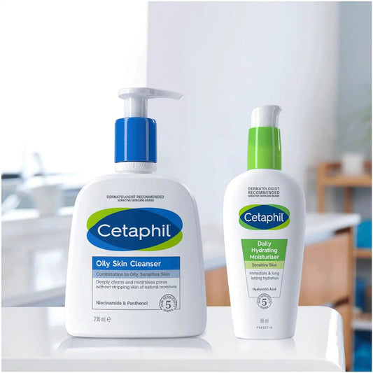 Cetaphil Oily Skin Cleanser and Daily Hydrating Moisturiser on a bathroom counter, perfect for oily skin care.