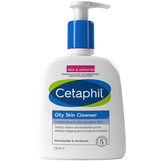 Cetaphil Oily Skin Cleanser bottle with pump, formulated for oily, sensitive skin, featuring Niacinamide and Panthenol.