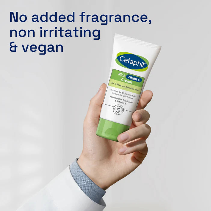 Cetaphil Rich Night Cream held in a hand with text about product features on a light gray background