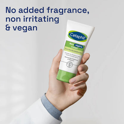 Cetaphil Rich Night Cream held in a hand with text about product features on a light gray background