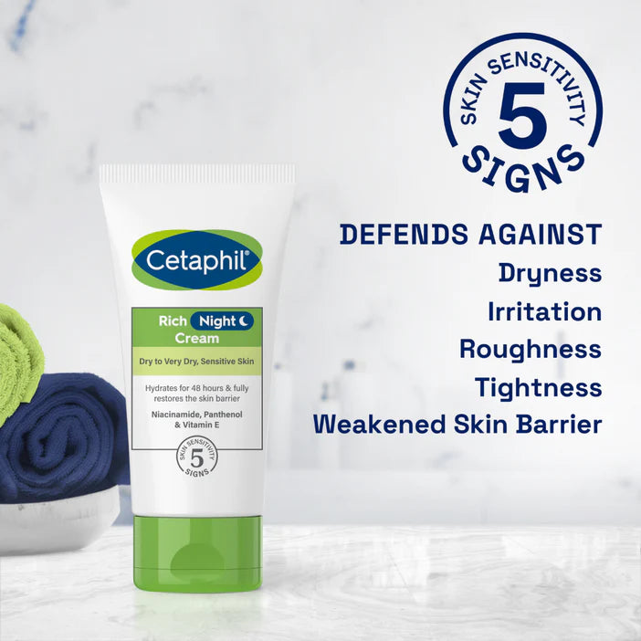 Cetaphil Rich Night Cream with text about skin care benefits on a white background