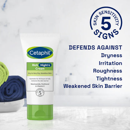 Cetaphil Rich Night Cream with text about skin care benefits on a white background