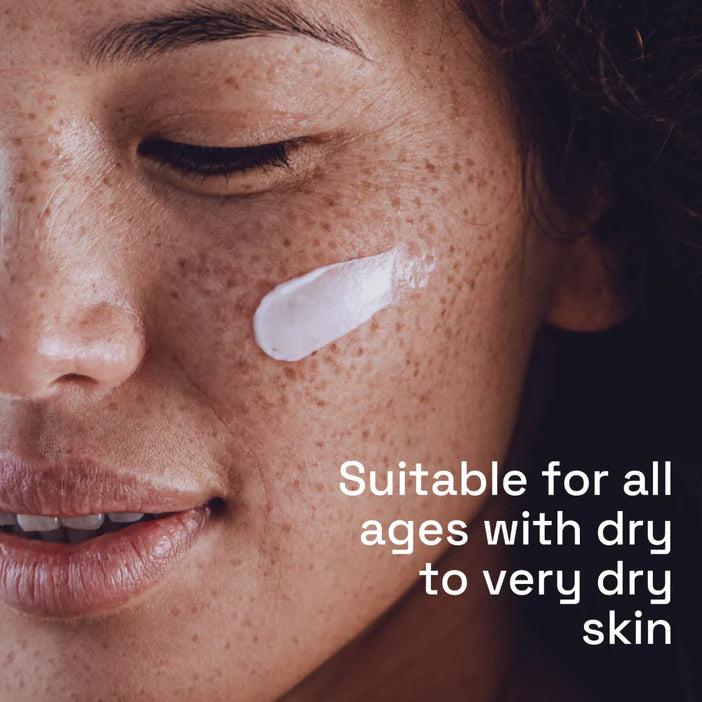 Close-up of a person's face with a Cetaphil skincare product applied, suitable for all ages with dry to very dry skin.