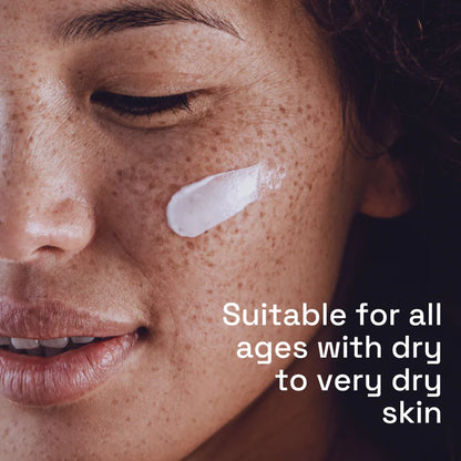 Close-up of a person's face with a Cetaphil skincare product applied, suitable for all ages with dry to very dry skin.
