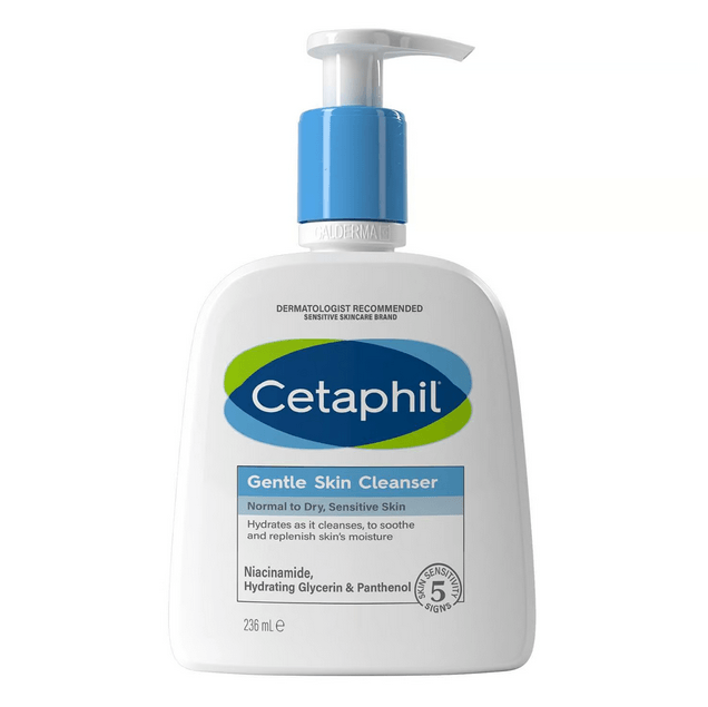 Cetaphil Sensitive Skin Cleanser 236ml bottle with pump for gentle, hypoallergenic skincare for dry, sensitive skin.
