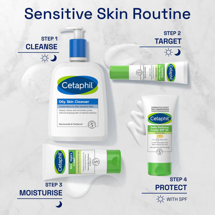 Cetaphil skincare products with step-by-step guide on a white background