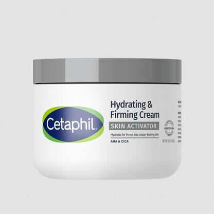 Cetaphil hydrating and firming cream jar on a light gray background