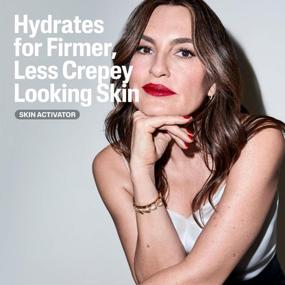 Woman with red lipstick and a Cetaphil product advertisement for skin activator on a light background