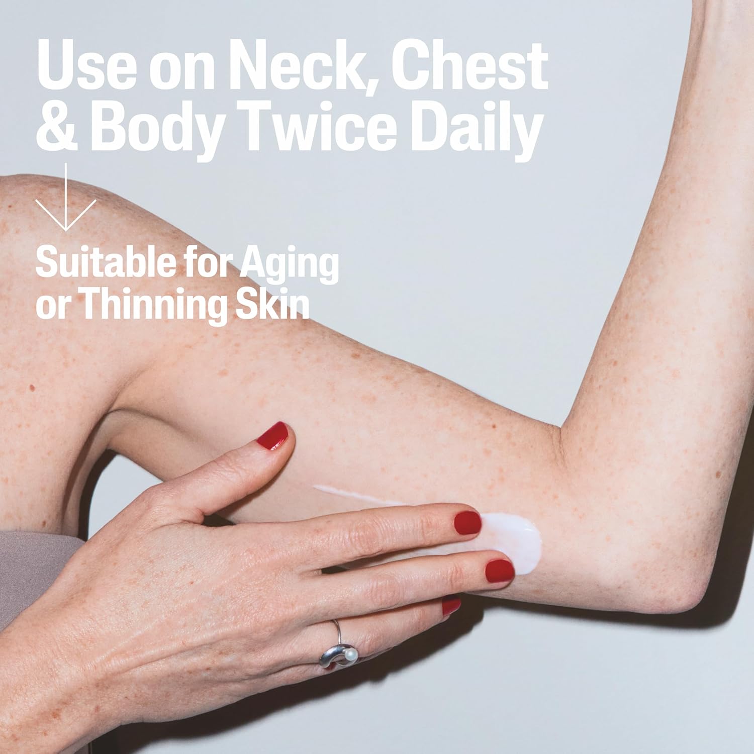 Cetaphil Hand applying cream to arm with text about usage and skin type suitability on a light gray background