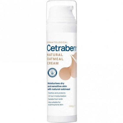 Cetraben Natural Oatmeal Cream for dry and sensitive skin, 190g, provides 24-hour hydration and soothes eczema-prone skin.