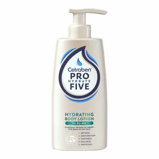 Cetraben Pro Hydrate Five Hydrating Body Lotion 250ml for dry skin, targeting five signs of dryness and irritation.