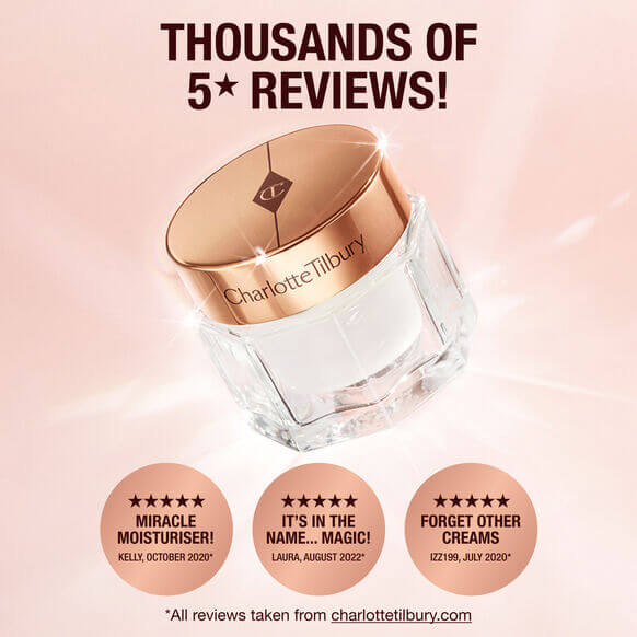 Charlotte Tilbury Charlotte's Magic Cream with 5-star reviews highlighted for its miracle moisturising properties.