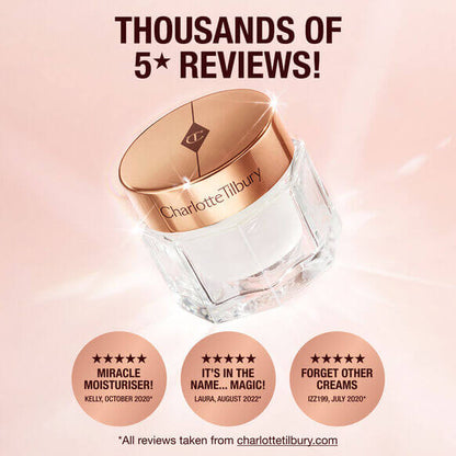 Charlotte Tilbury Charlotte's Magic Cream with 5-star reviews highlighted for its miracle moisturising properties.