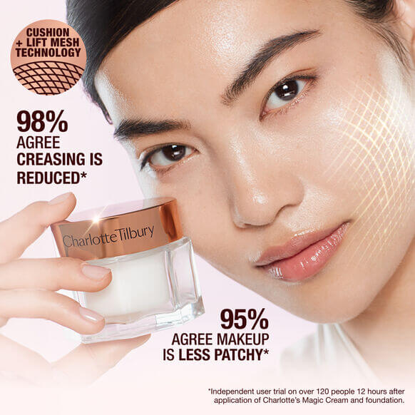 Model showcasing Charlotte Tilbury Magic Cream with claims of reduced creasing and less patchy makeup.