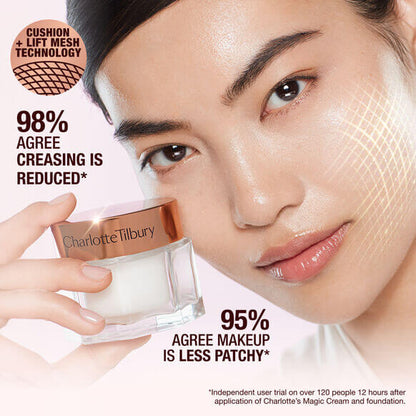 Model showcasing Charlotte Tilbury Magic Cream with claims of reduced creasing and less patchy makeup.