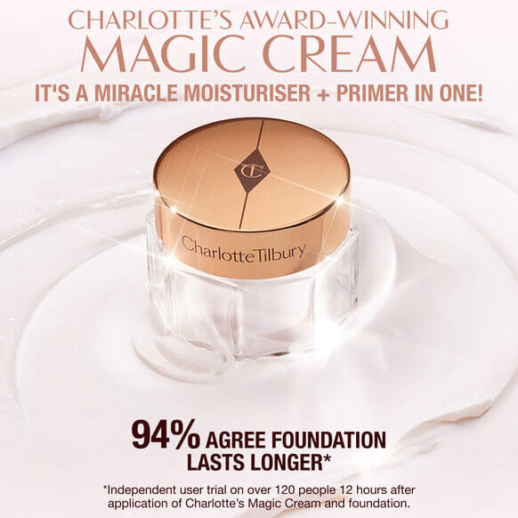 Charlotte Tilbury Magic Cream in jar, a miracle moisturiser and primer, with text highlighting user satisfaction.