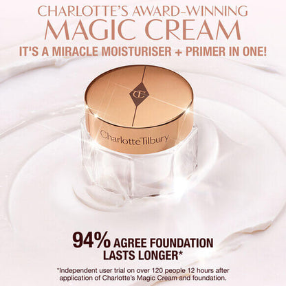 Charlotte Tilbury Magic Cream in jar, a miracle moisturiser and primer, with text highlighting user satisfaction.