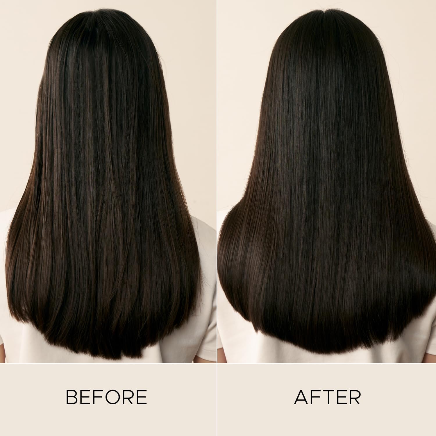 Before and after CHRISTOPHE ROBIN comparison of long, straight hair on a neutral background