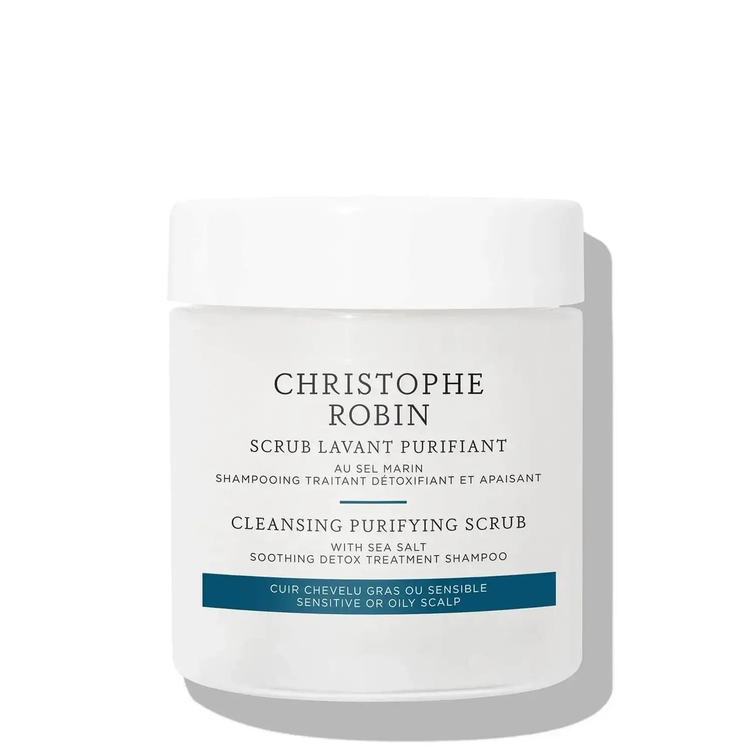 CHRISTOPHE ROBIN Cleansing Purifying Scrub with Sea Salt in a white jar for sensitive and oily scalps.