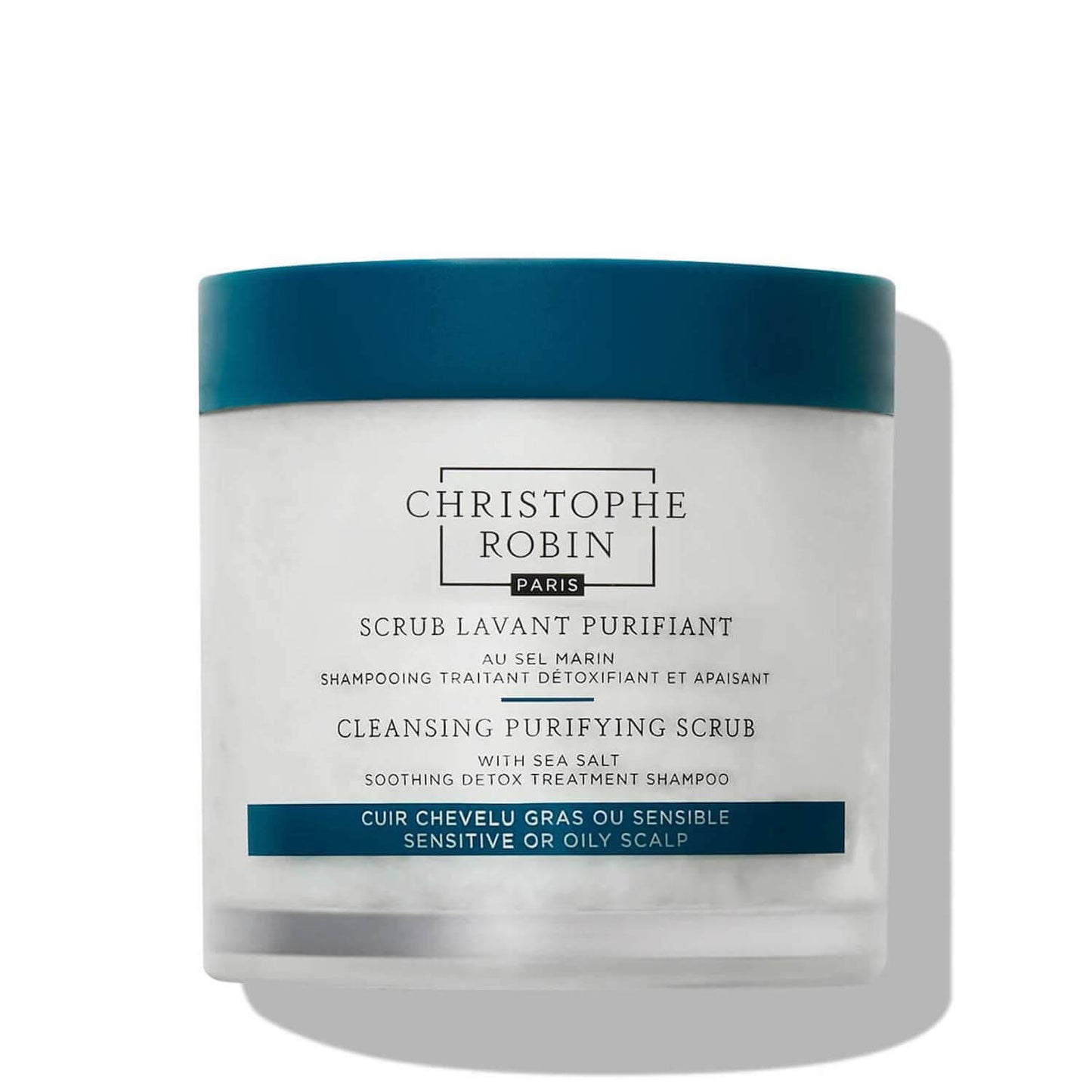 CHRISTOPHE ROBIN Cleansing Purifying Scrub with Sea Salt for oily scalp treatment and gentle exfoliation.