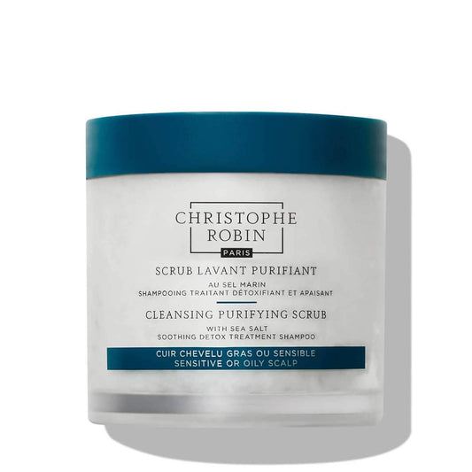 CHRISTOPHE ROBIN Cleansing Purifying Scrub with Sea Salt for oily scalp treatment and gentle exfoliation.