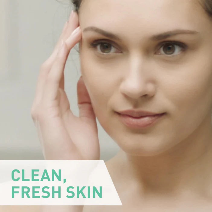 Woman with clean, fresh skin with text  CeraVe  'Clean, Fresh Skin' on a light background
