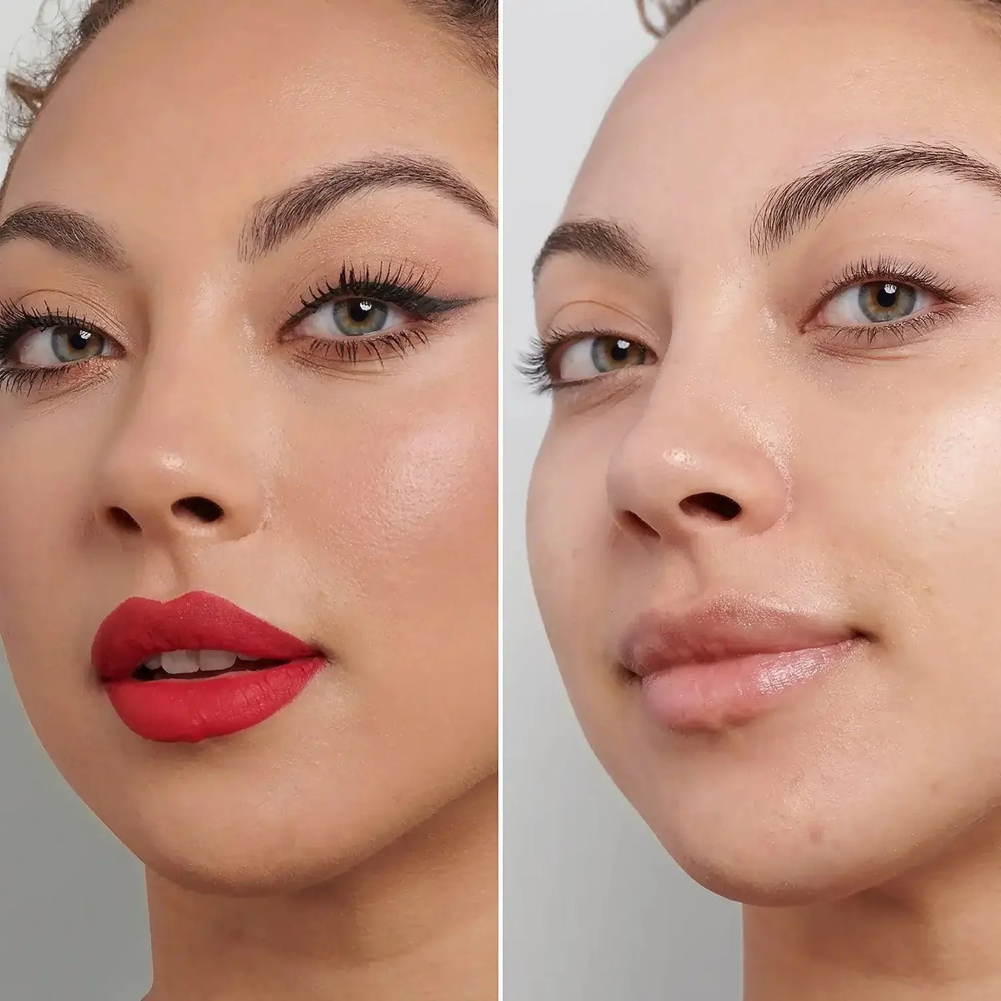 Before and after image showcasing a makeup look with bold red lips and a natural, fresh-faced appearance.