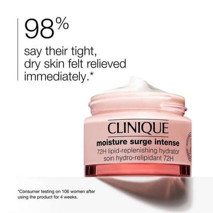 Clinique Moisture Surge Intense 72H hydrator cream jar with relief claims for dry skin.