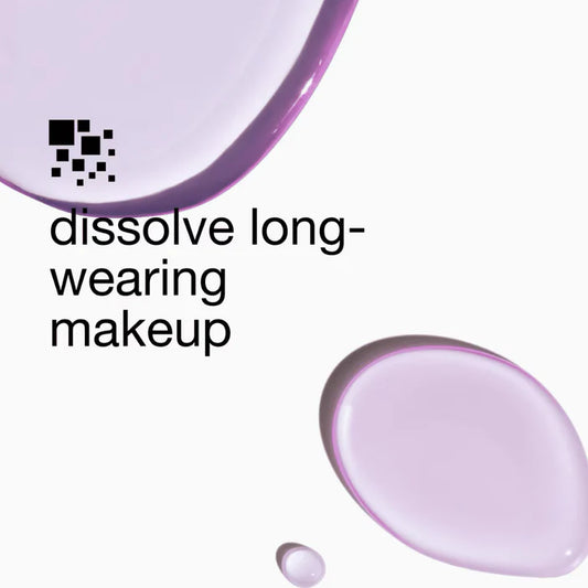 CLINIQUE Purple makeup product with text 'dissolve long-wearing makeup' on a white background