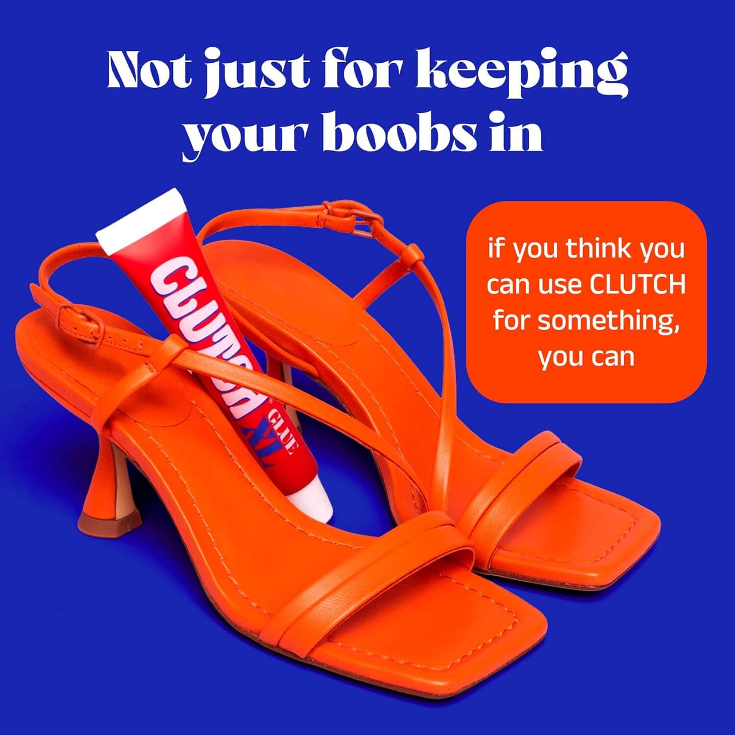 CLUTCH Glue Liquid Fashion Tape 15ml next to stylish orange high heels on blue background.