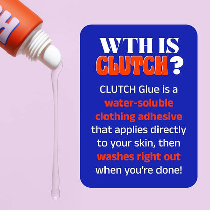WTH IS CLUTCH? CLUTCH Glue Liquid Fashion Tape 15ml, a water-soluble clothing adhesive for seamless style.