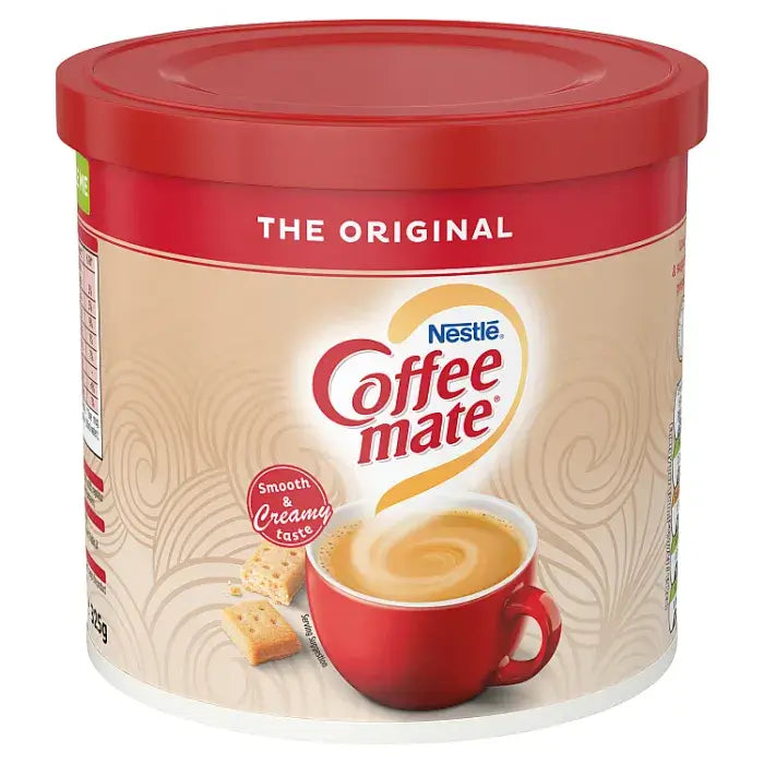 Coffee Mate Original Coffee Whitener 325g canister with smooth creamy coffee in a cup.