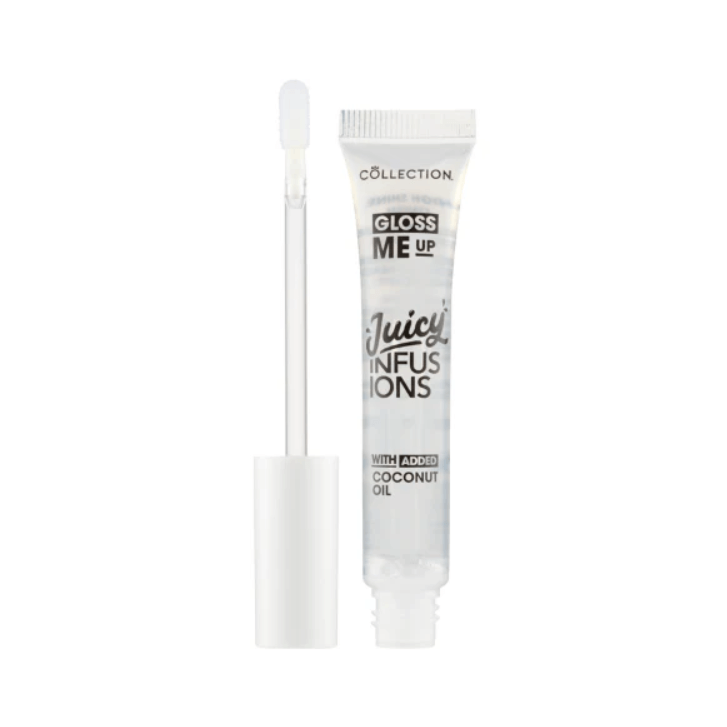 Collection Gloss Me Up Juicy Infusion Lip Gloss tube with applicator, infused with coconut oil for hydration.
