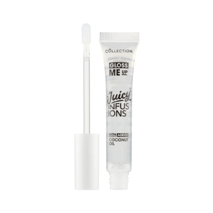 Collection Gloss Me Up Juicy Infusion Lip Gloss tube with applicator, infused with coconut oil for hydration.